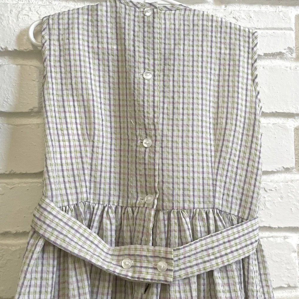 Celeste Smocked Gingham Dress. Lavender, white, green. Floral accents Size 4 EUC